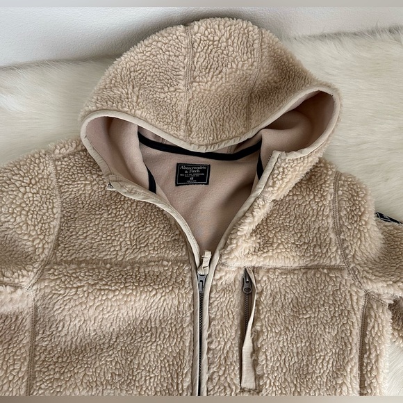 ✨ABERCROMBIE & FITCH Sherpa Full Zip Hooded Jacket Light Brown Mens XS - Picture 5 of 12